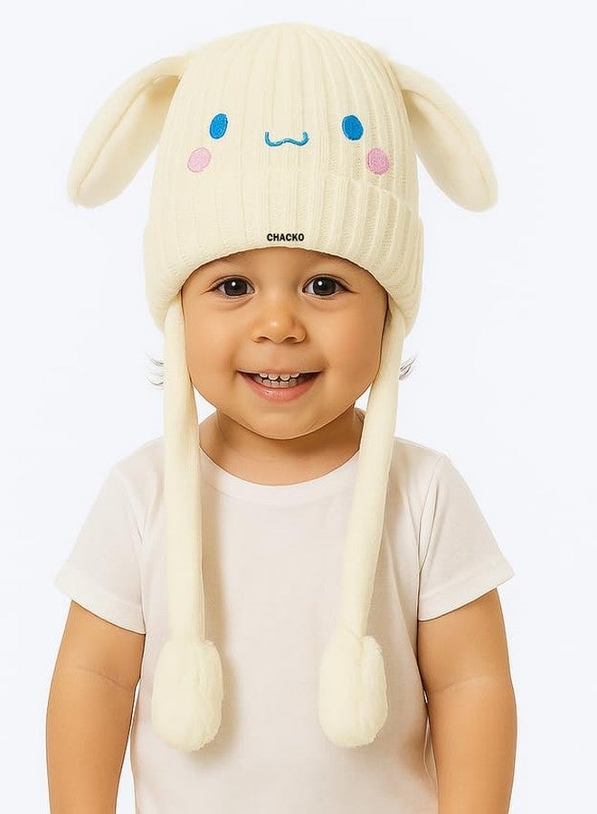 CHACKO Bunny Cap with Moving Ears for Kids (1-10 Yrs) | Plush Wool Winter Hat | Cute Girls Headwear & Funny Cap_White - Image 2